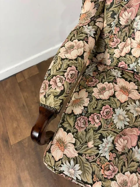 Vintage Reupholstered Floral Wingback Fireside Armchair