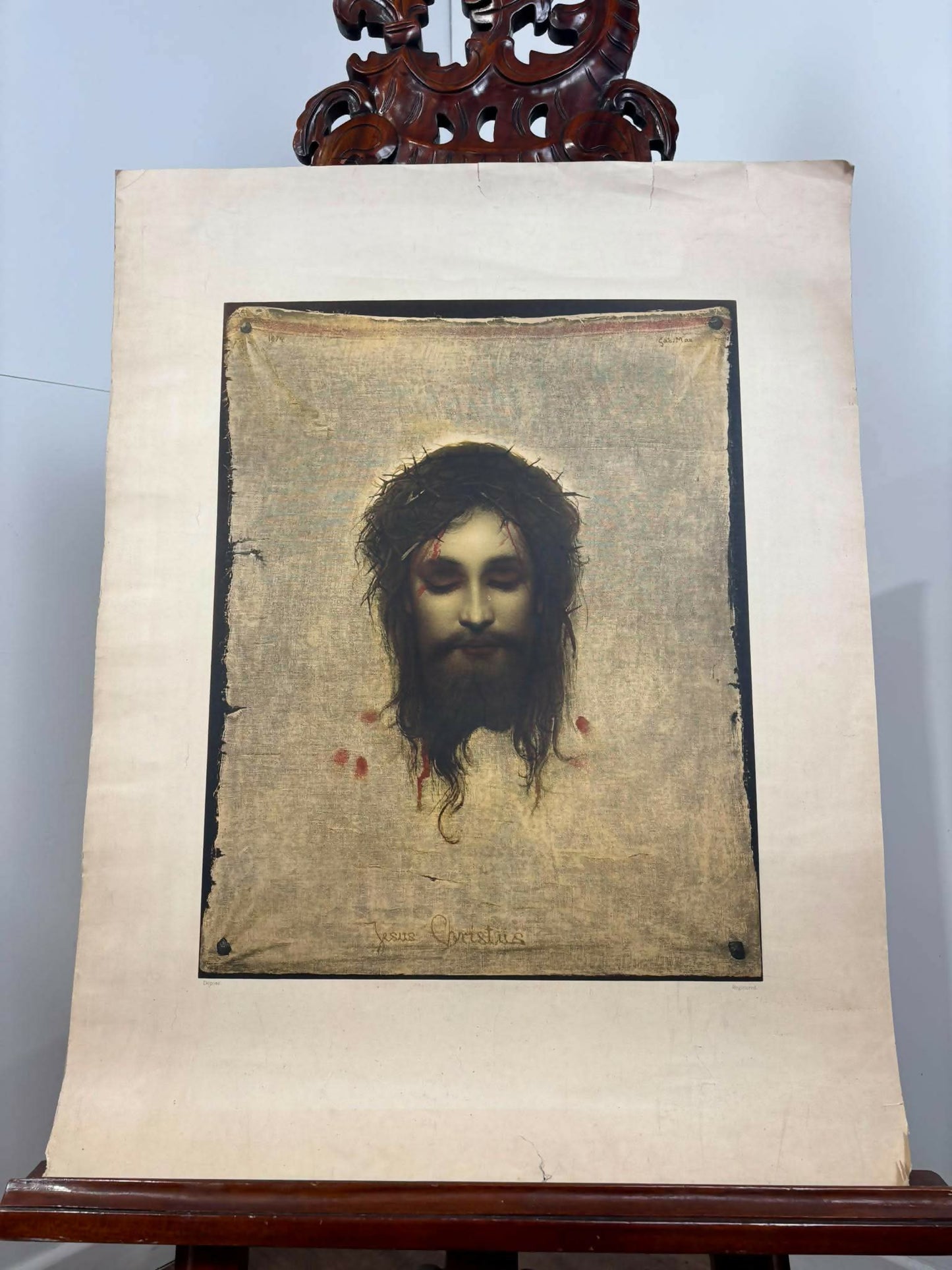 Vintage Religious Lithograph Print – Jesus Christus (St. Veronica’s Handkerchief) after Gabriel Max