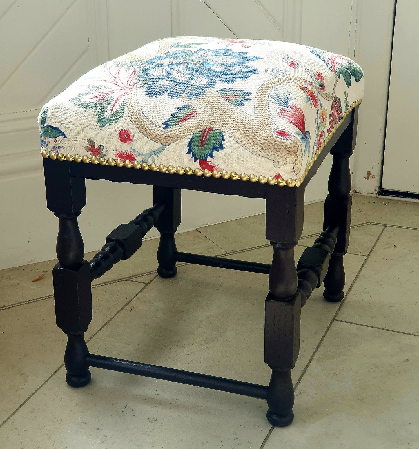 Footstool Vintage Oak Seat. Stool Restored Reupholstered in Linwood Linen