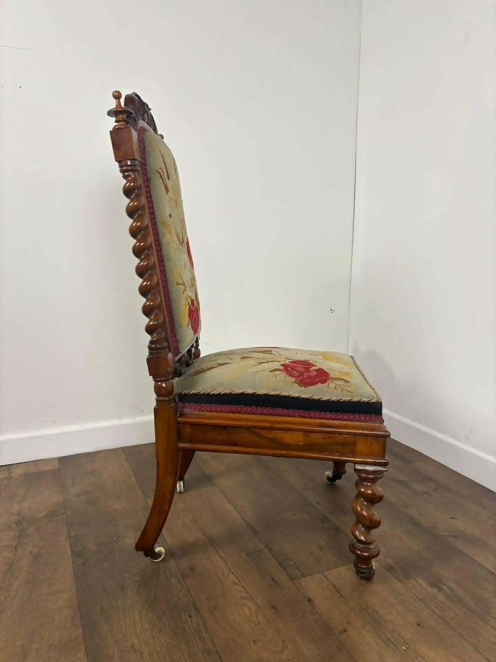 Victorian Walnut Prayer Chair With Tapestry Upholstery