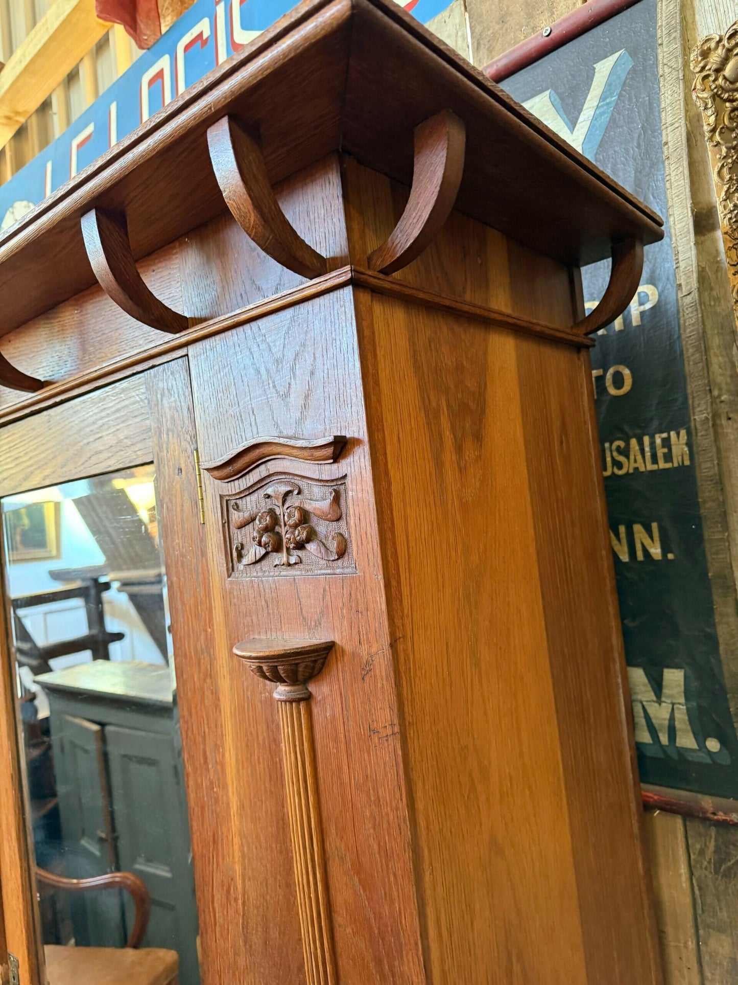 Antique Oak Art Nouveau Arts Crafts Mirrored Wardrobe, Shapland Petter, c1900