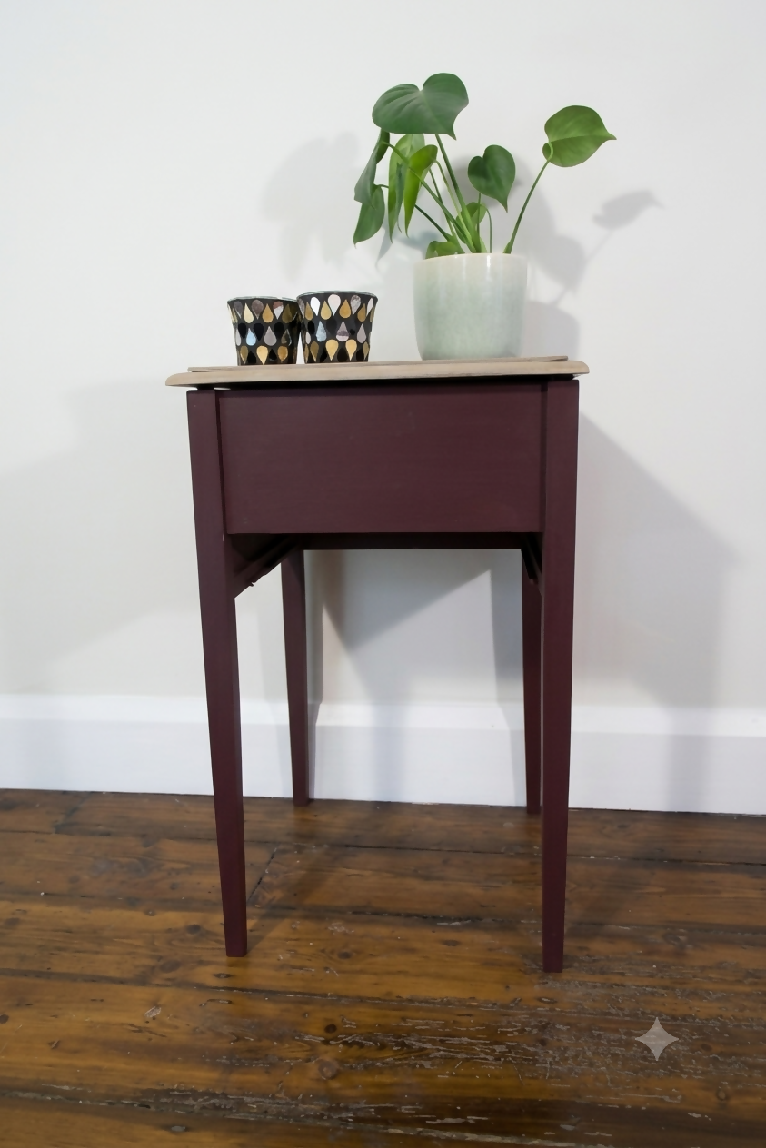 Antique Sewing Box Table — Aubergine painted, Silk lined