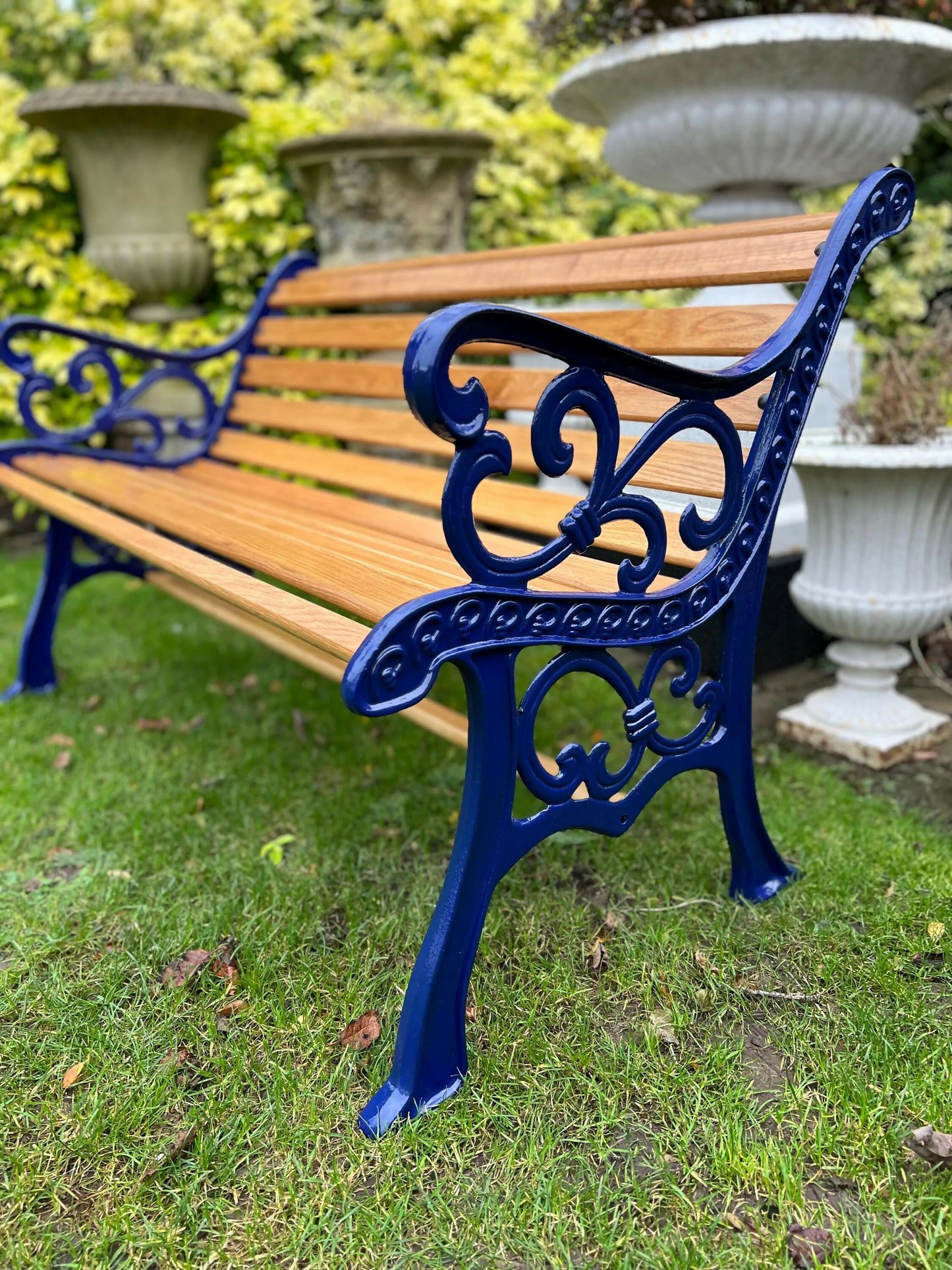 Cast Iron and Oak Garden Bench finished in Cadburys Blue
