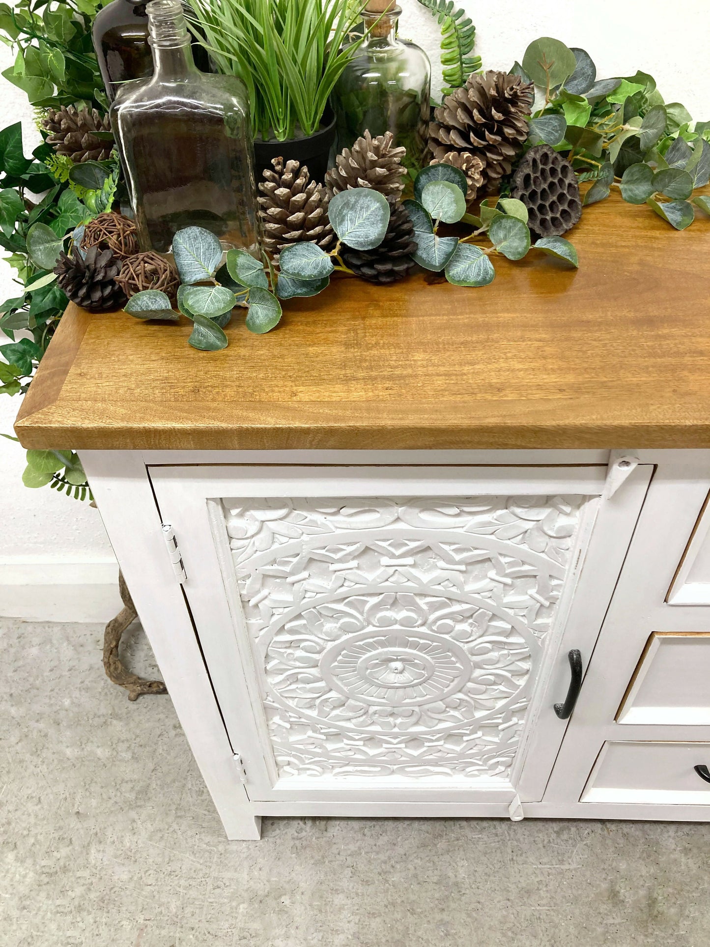 CARVED INDIAN SIDEBOARD. WHITE SIDEBOARD