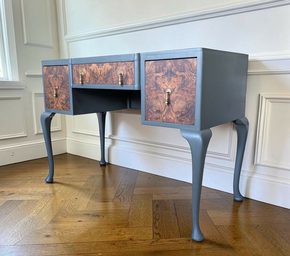 Vintage Art Deco dark green Walnut Burr Wood Desk Writing Table