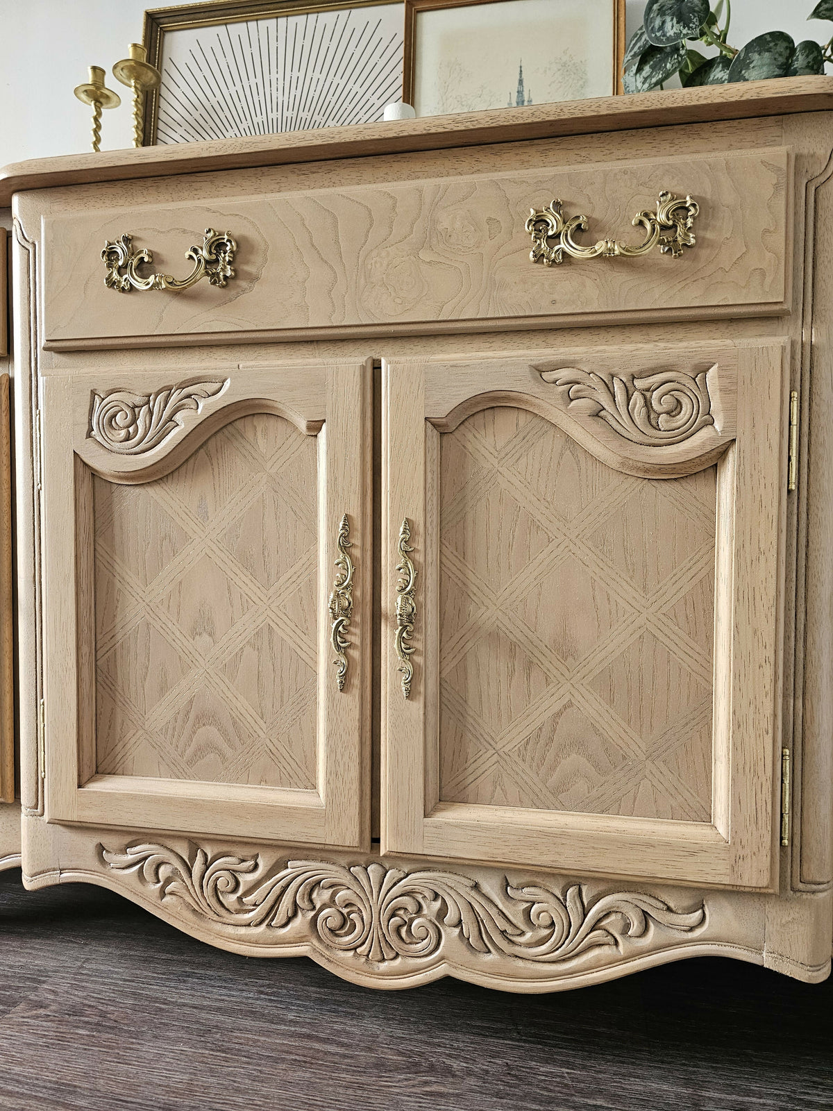 French Provincial Oak Buffet • Carved Details, Original Hardware, Satin Finish