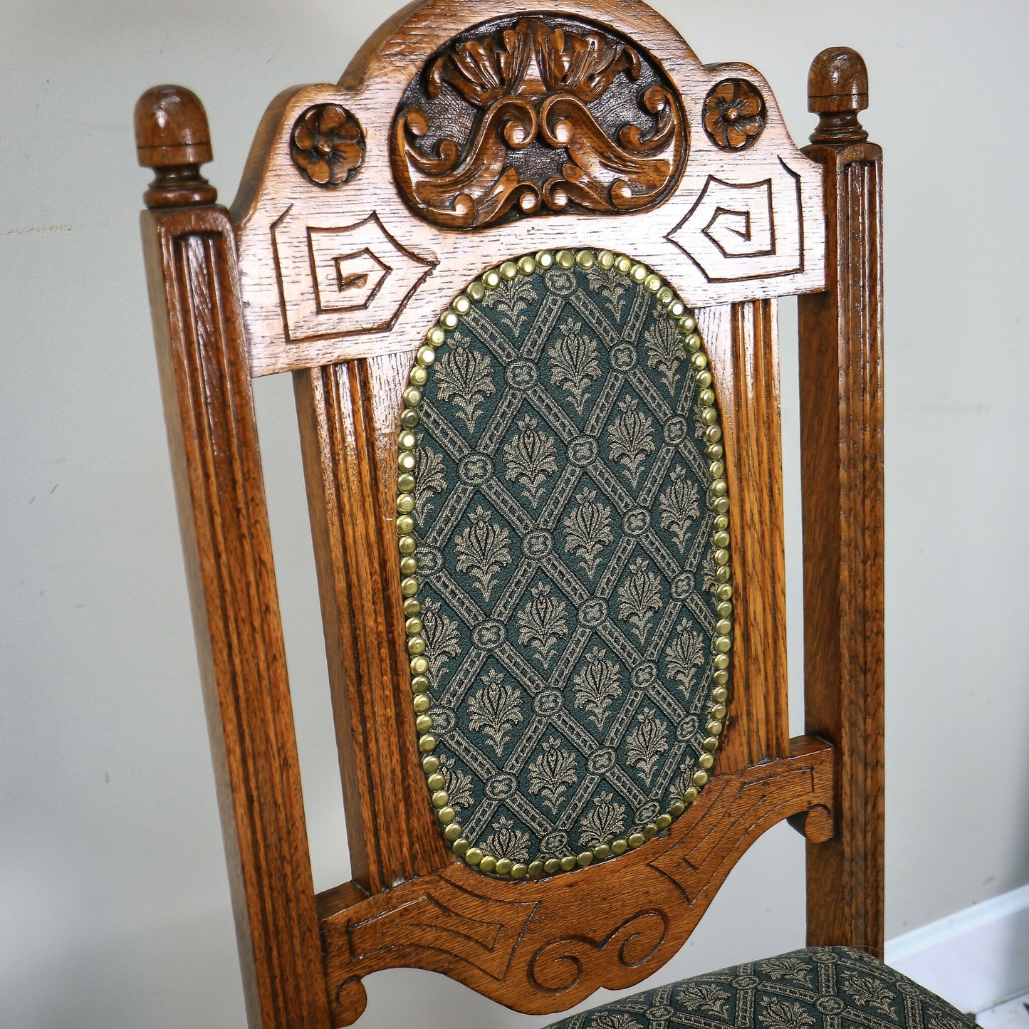 Victorian Side or Hall Chair Carved Back in Solid Oak with Green and Gold Fabric