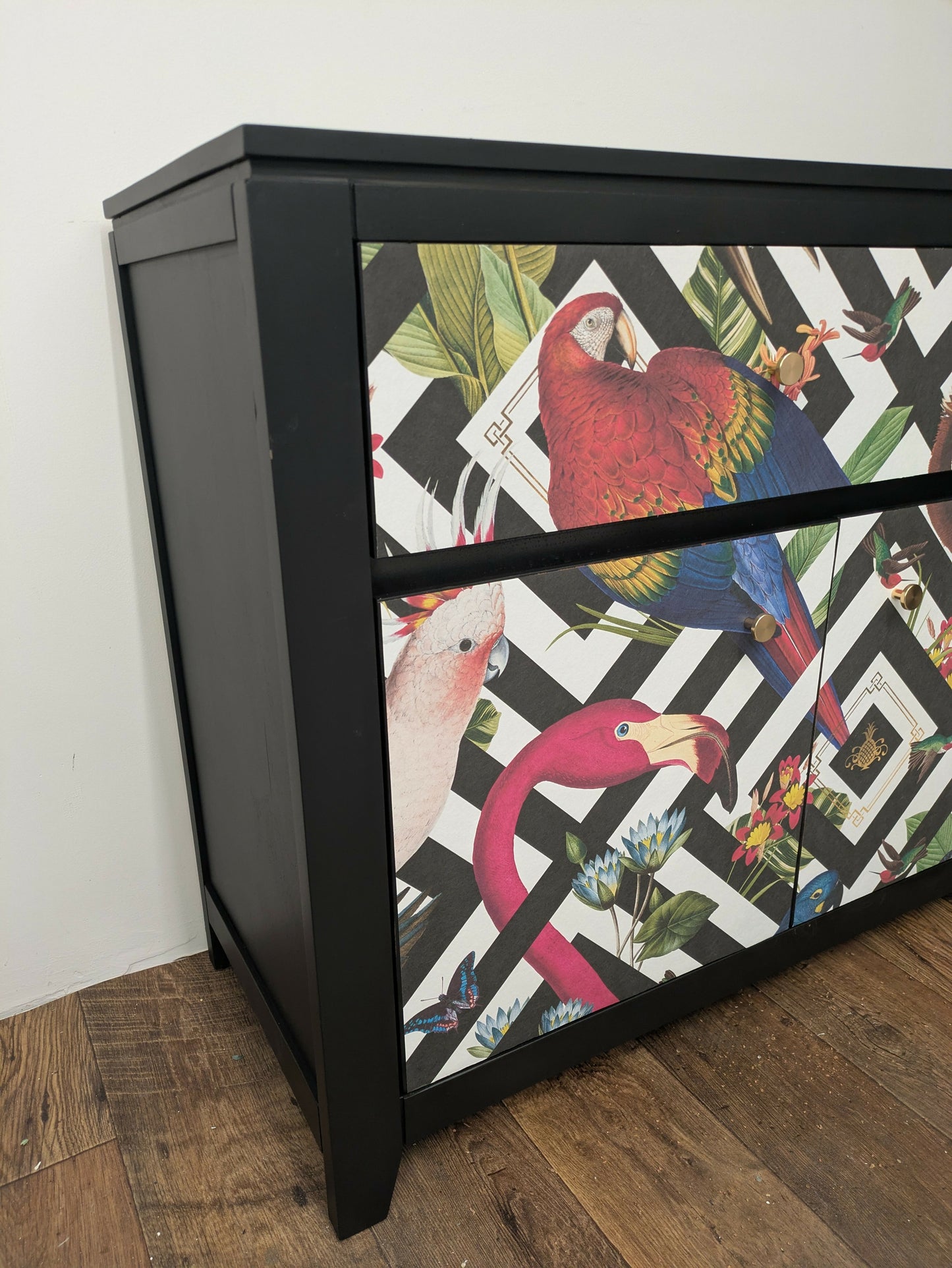 Solid Oak Vintage Sideboard Upcycled Painted Black. Animal Bird Geometric Print