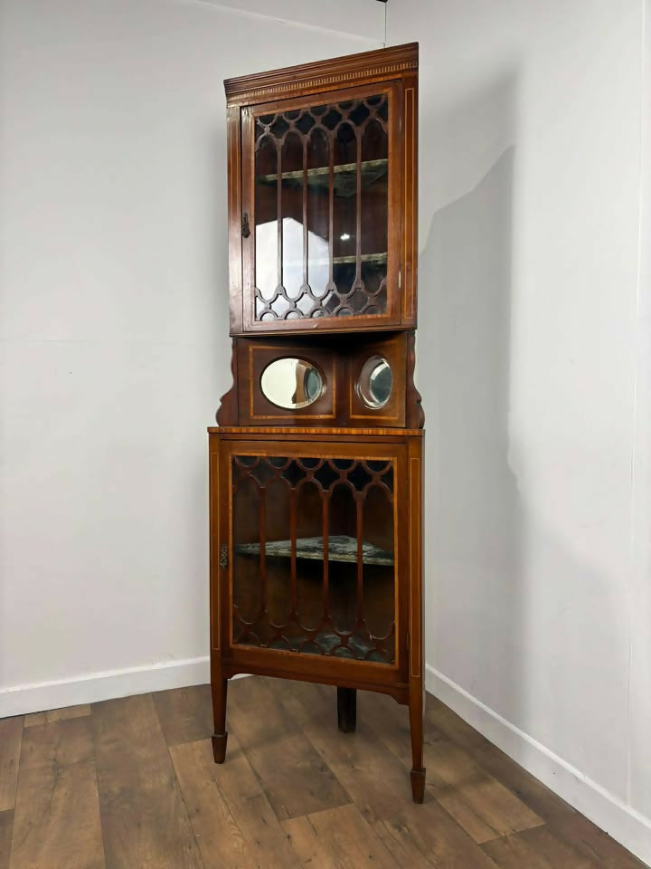 Edwardian Mahogany Inlaid Glass Fronted Corner Cabinet