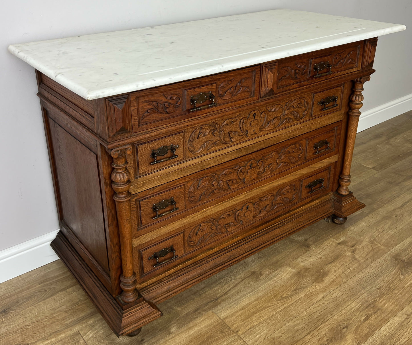 Chest of Drawers Antique French Style Oak Marble Top Carved Cabinet LOT 6450