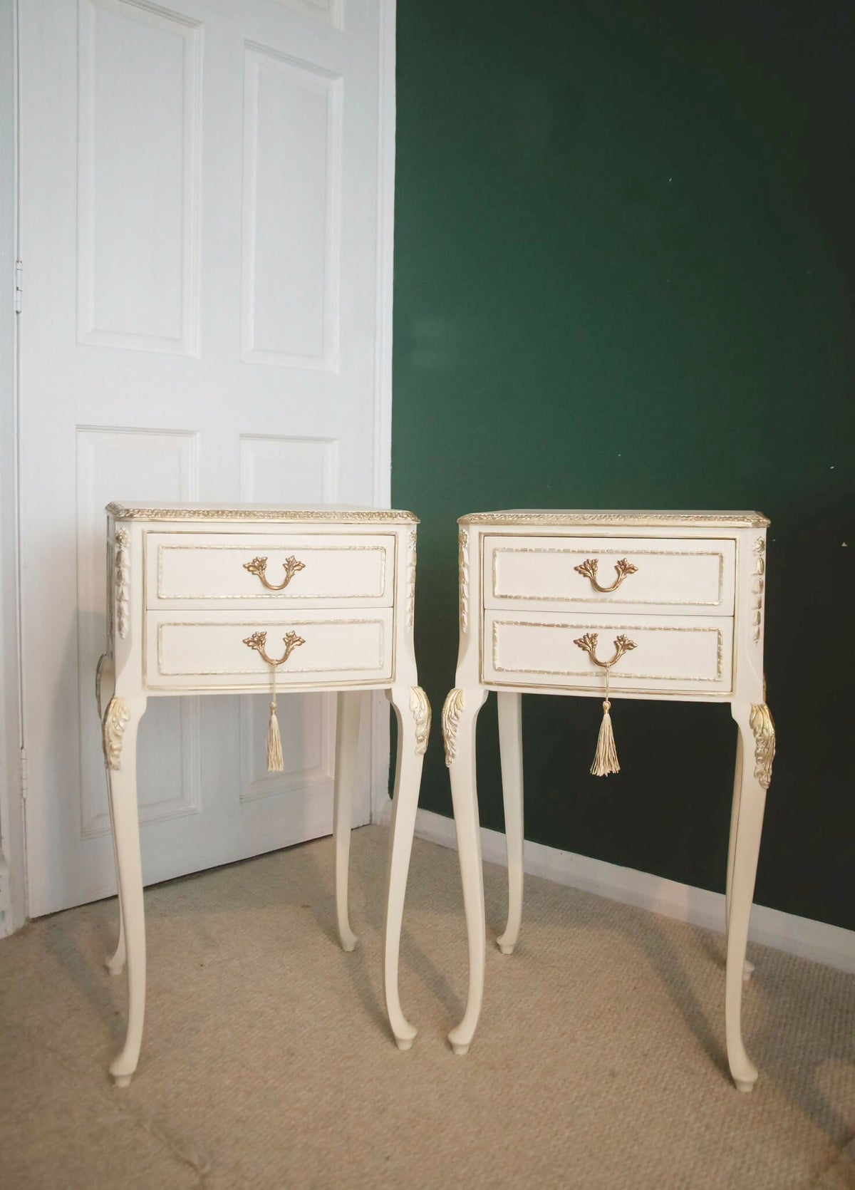 Pair of Cream French style Bedside drawers/nightstands with gold details