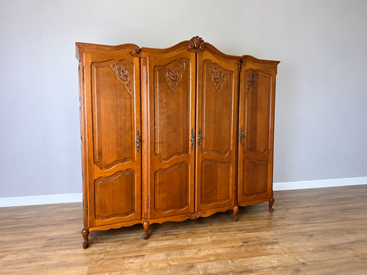 Wardrobe Vintage French Louis XVI Style Oak Four Door Carved Armoire LOT 6495