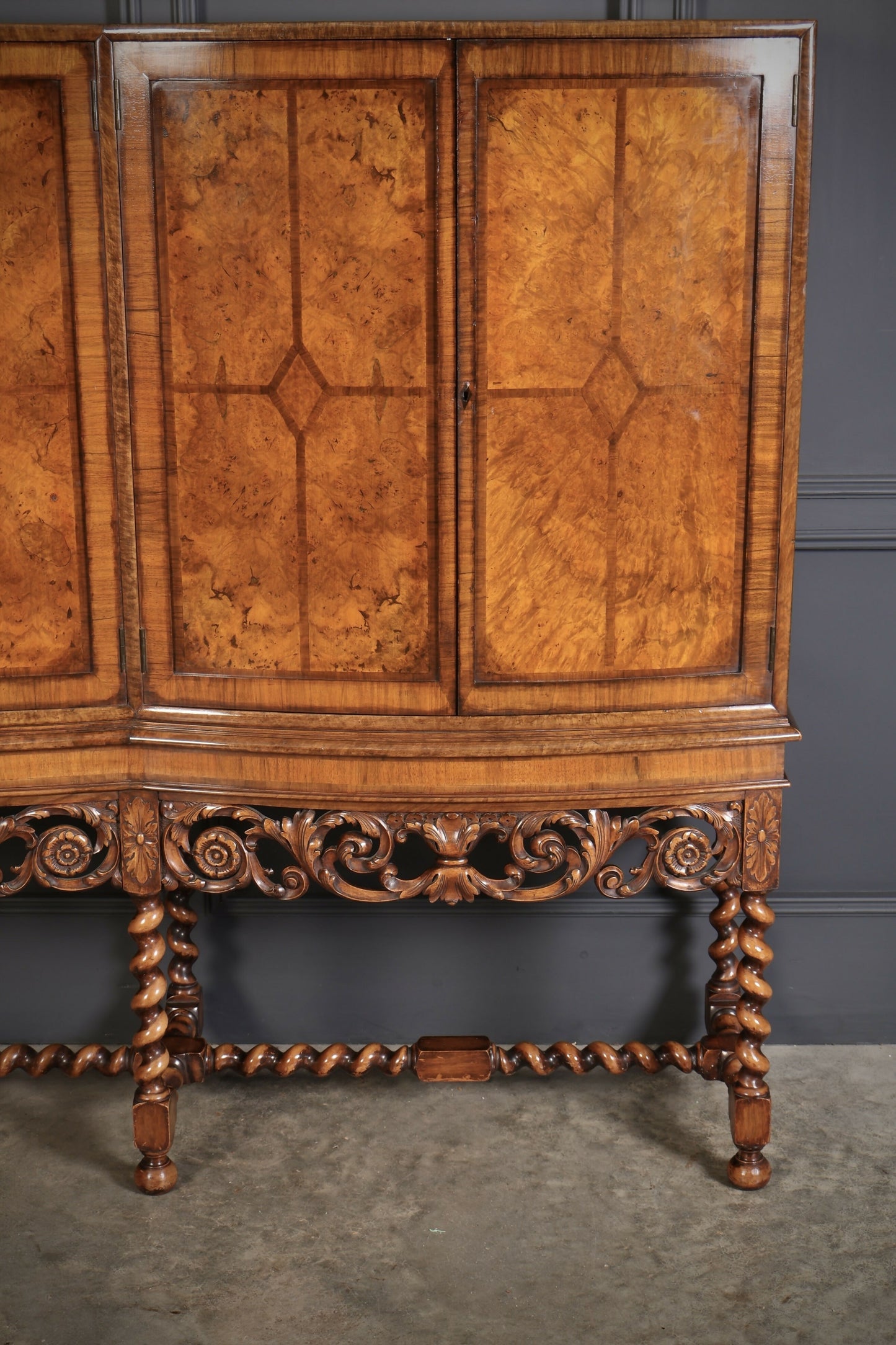 Double Bow Front Burr Walnut Drinks Cocktail Cabinet