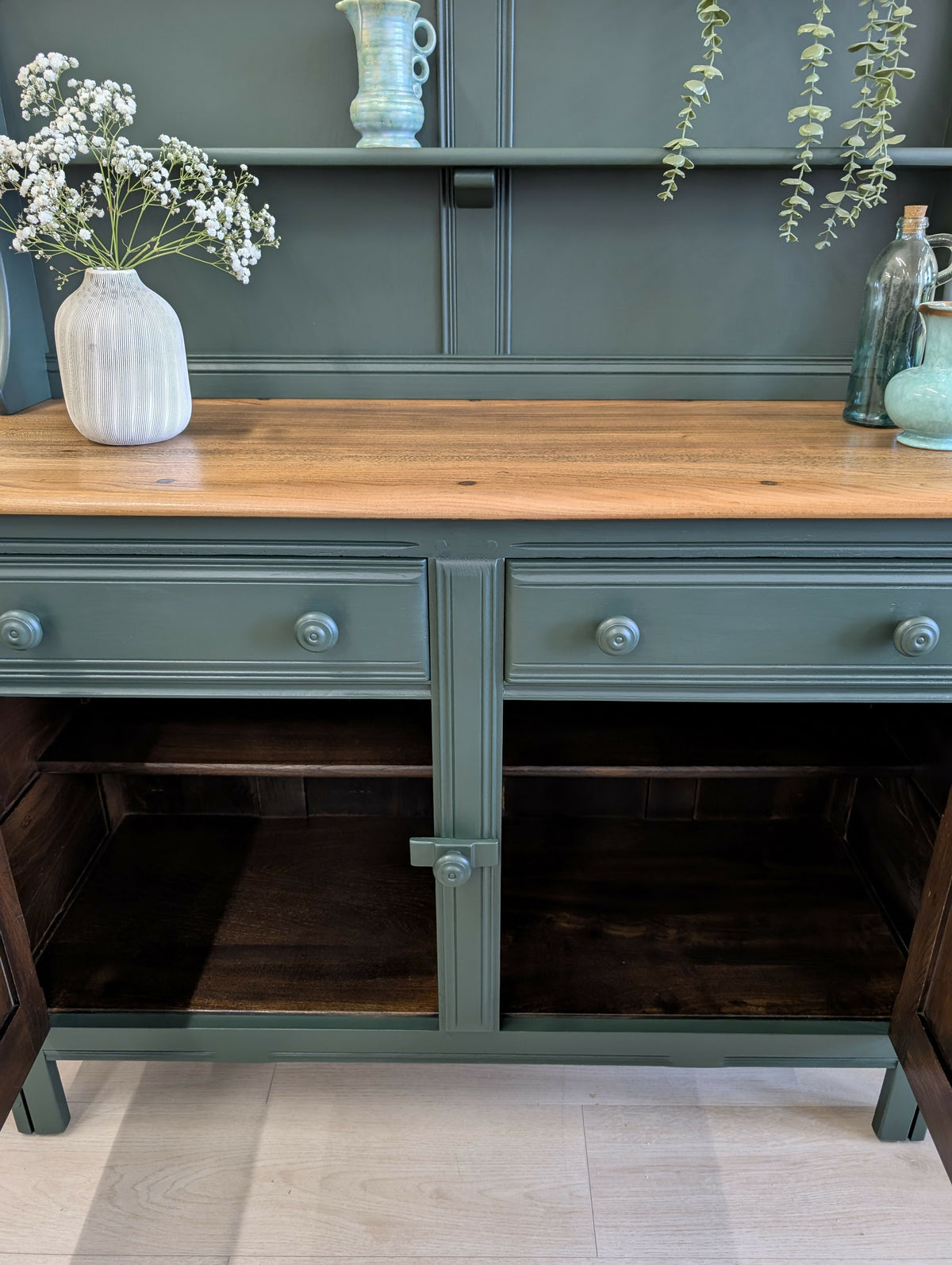 Vintage Ercol Dresser in Heritage Green with Natural Wood Top