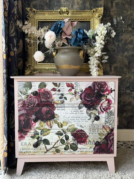 Rose Water Pink Chest of Drawers – Vintage Floral Decoupage Dresser |Romantic Cottagecore Furniture