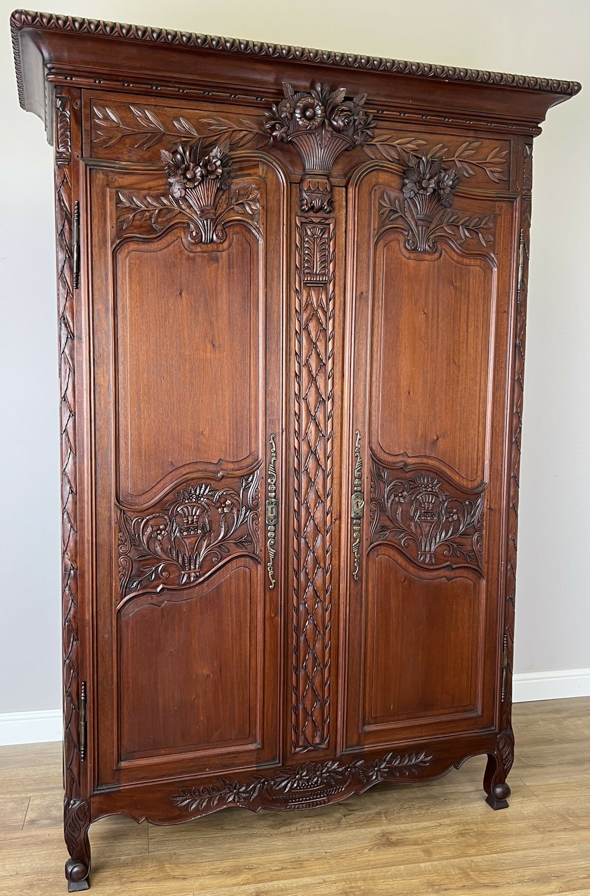 Wardrobe Antique French Style Walnut Two Door Carved Armoire LOT 6499