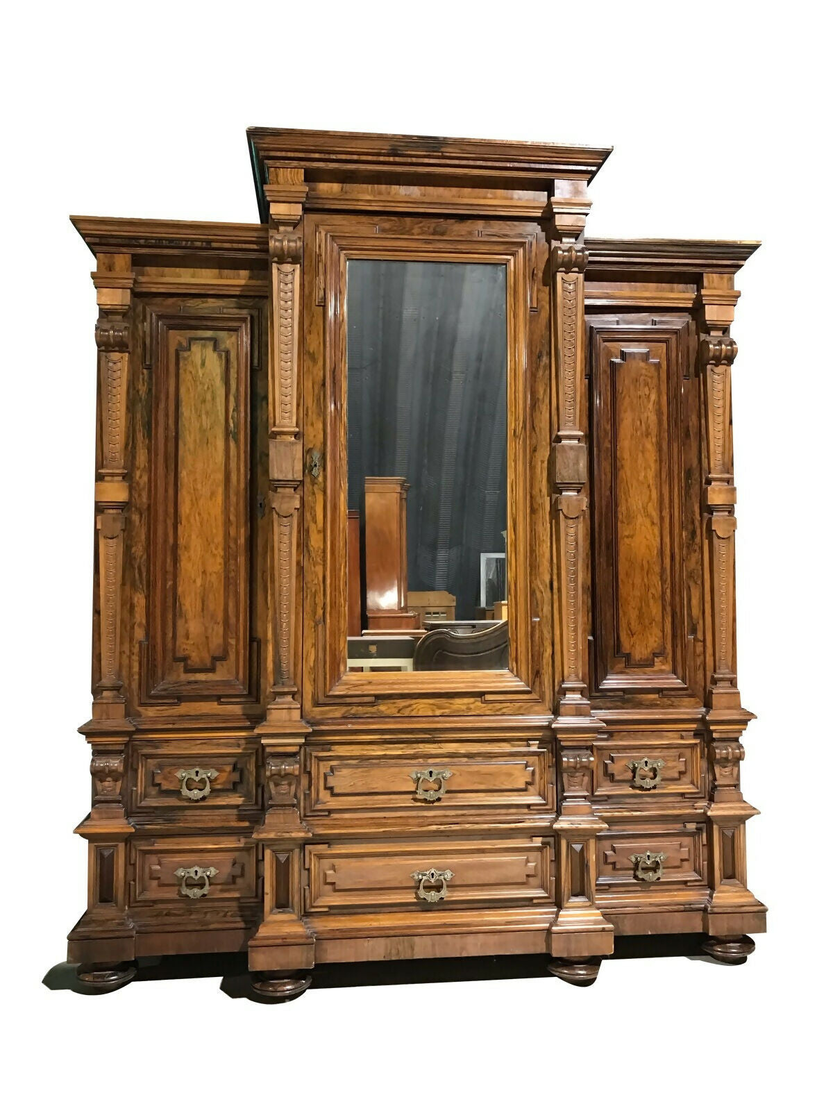 Antique Dutch Renaissance Breakfront Armoire Triple Wardrobe Hall Linen Cupboard