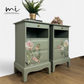 Rare Refinished Vintage Stag Minstrel Tea Tray Bedside Tables In Pale Sage Green With Floral Design, slim, nights stands, mid century