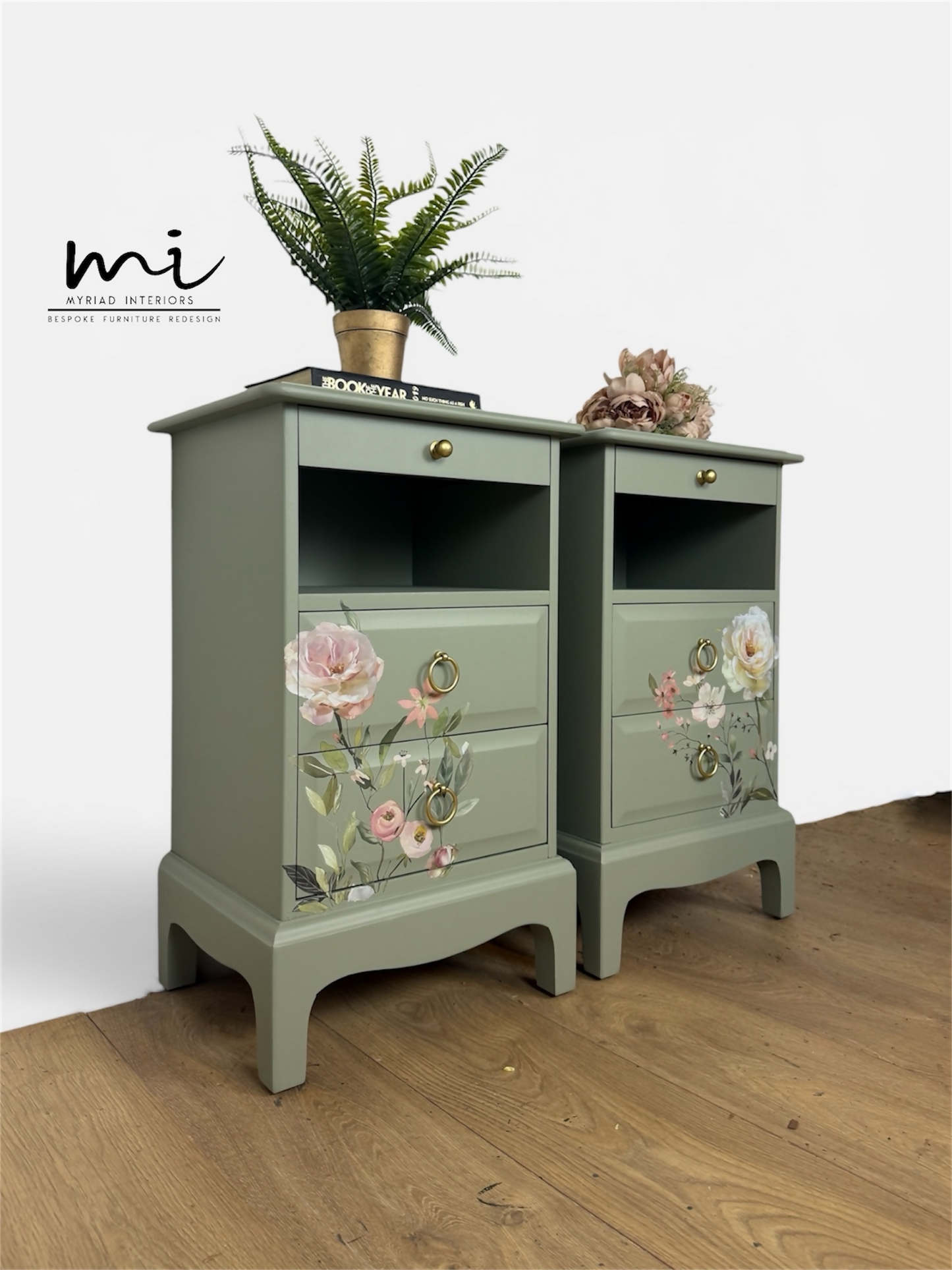 Rare Refinished Vintage Stag Minstrel Tea Tray Bedside Tables In Pale Sage Green With Floral Design, slim, nights stands, mid century