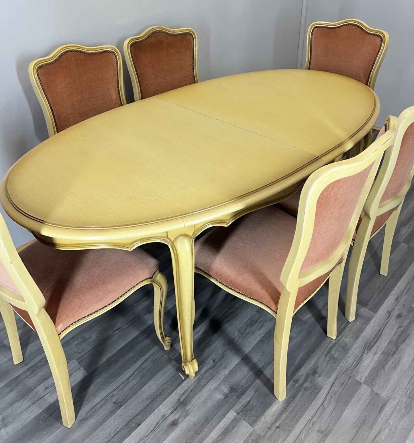 Vintage French Louis XVI Dining Table Set | Shabby Chic Oak Furniture | Includes 6 Upholstered Chairs Carved Detail LOT 4404