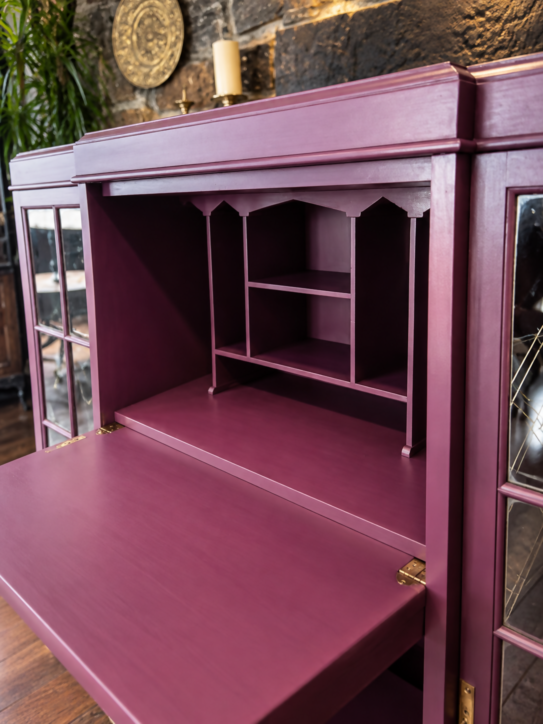 Art Deco Writing Bureau Bookcase & Drinks Cabinet - Aubergine Purple, Walnut & Glass