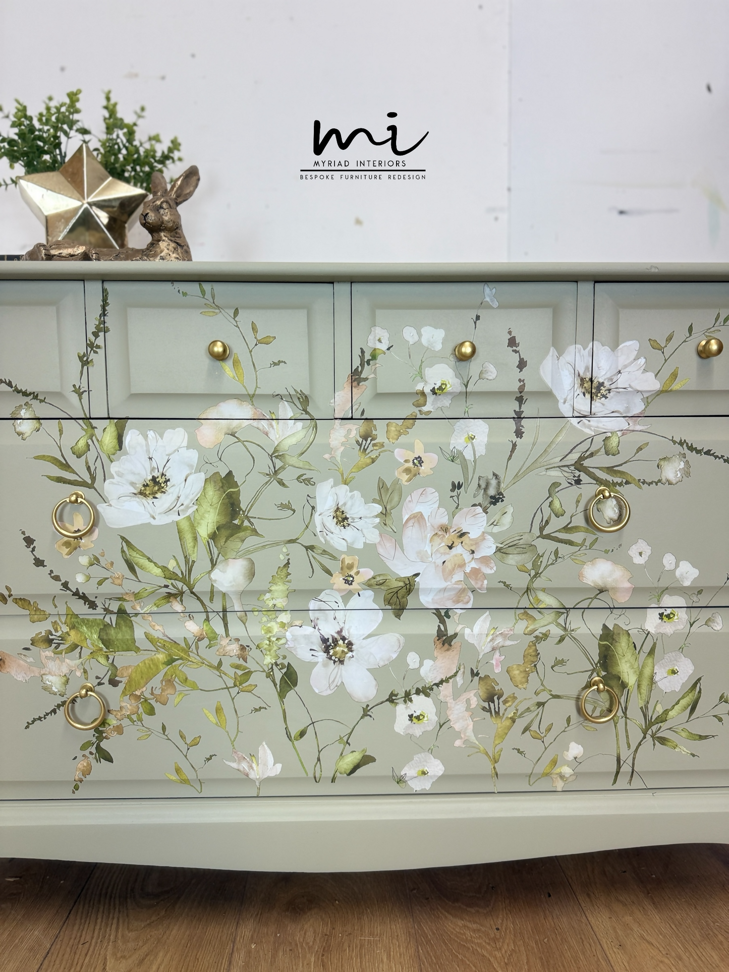 Refinished Stag Minstrel 4 over 2 chest of drawers in eucalyptus green with pretty floral design, dresser, dressing table pale sage, vintage