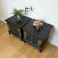 Matt Black Stag Minstrel bedside tables with gold floral and bird design. vintage nightstands. Teatray