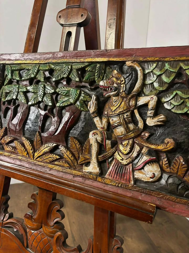 Large Hand Carved Wooden Panel Depicting Figures In A Forest