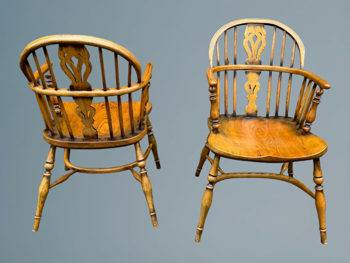 A Good Quality Pair of Ash Low Back Windsor Armchairs