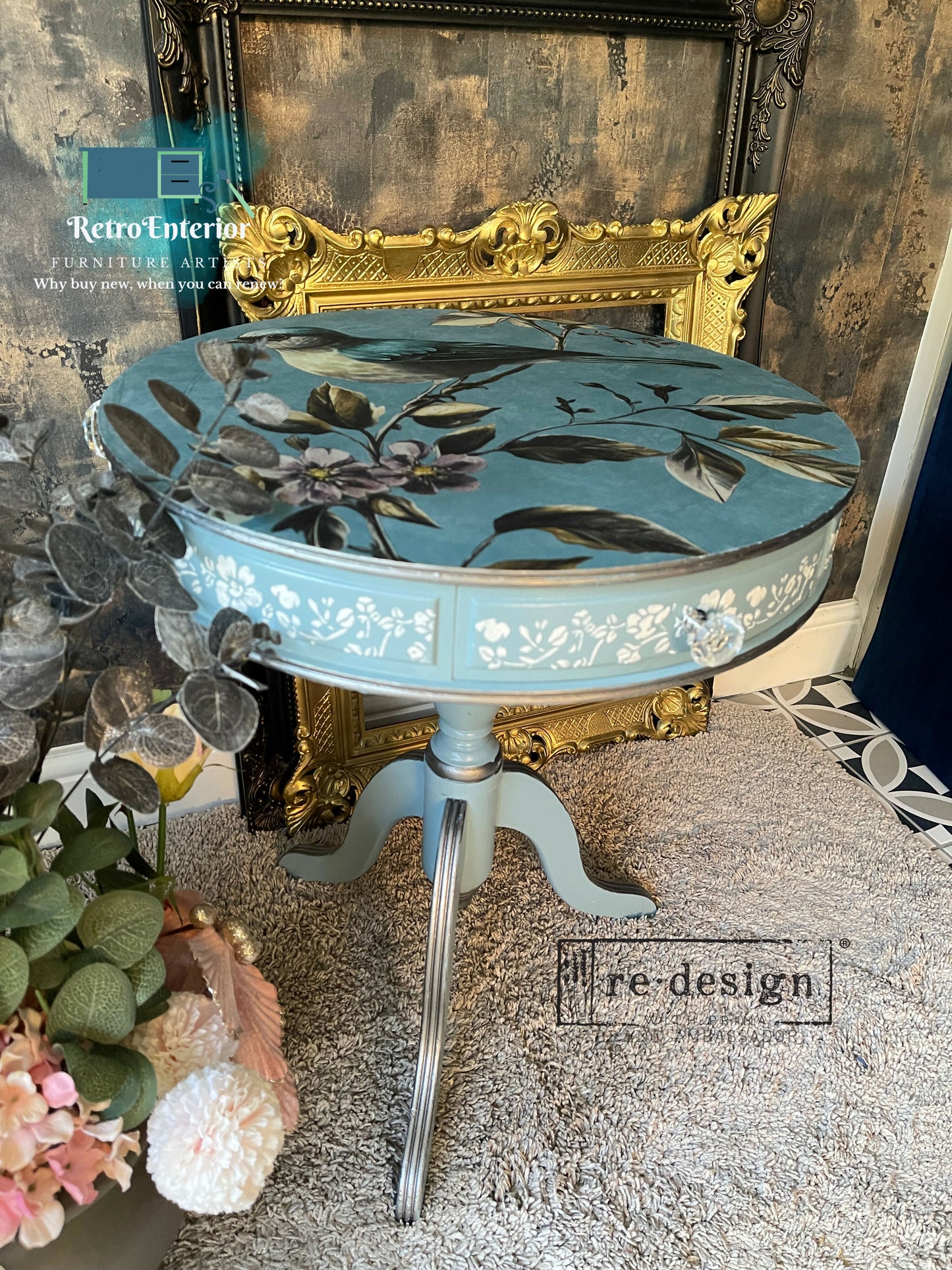 Vintage Round Side Table | Upcycled End Table in Light Blue with Whimsical Floral & Bird Decoupage | Eco-Friendly Painted Accent Table