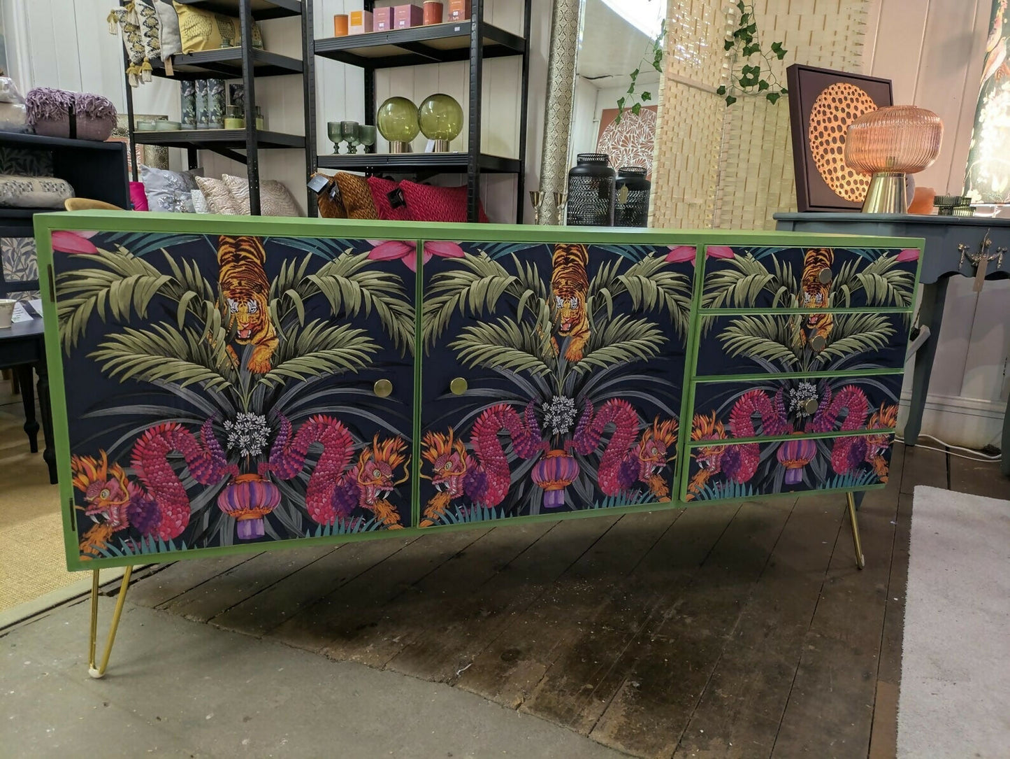 Mid century Sideboard or Cocktail cabinet. Upcycled Painted Blue, Oriental Dragons Commission Piece
