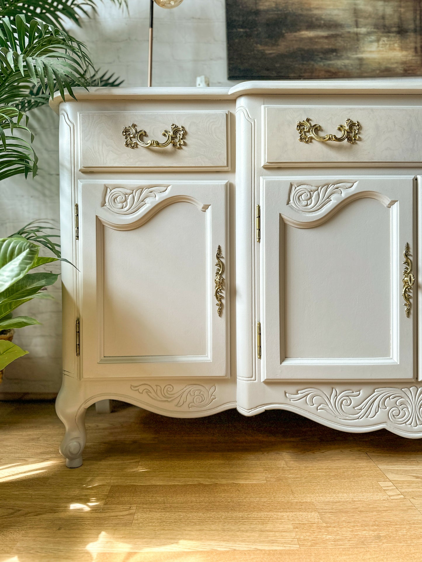 Vintage Queen Anne Sideboard Large, Carved Details, Neutral, Paint Wash - MADE TO ORDER