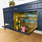 Refinished mid century Nathan sideboard drinks cabinet, navy blue with art deco chinoiserie inspired design, gold, cocktail, tv media unit