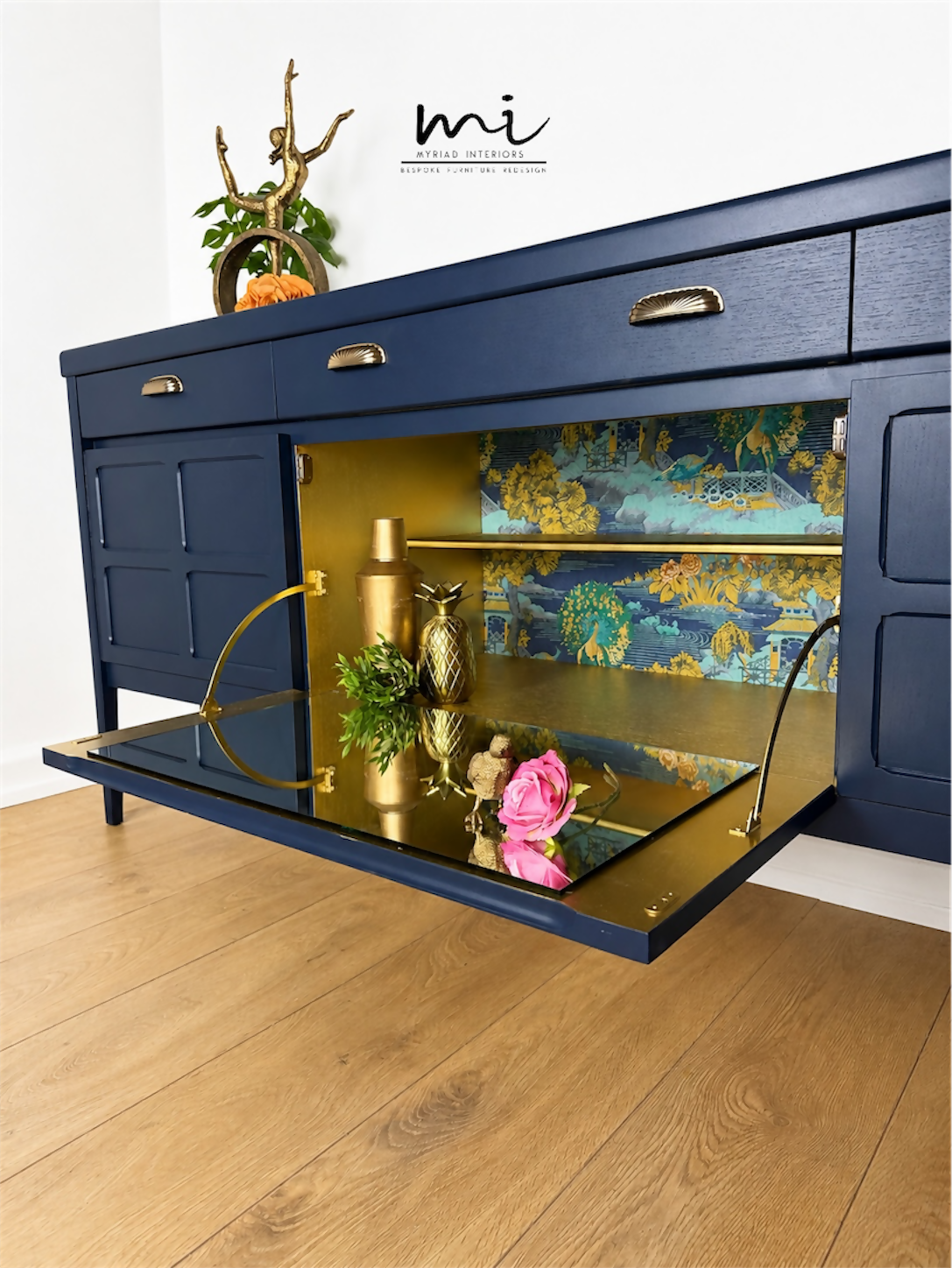 Refinished mid century Nathan sideboard drinks cabinet, navy blue with art deco chinoiserie inspired design, gold, cocktail, tv media unit