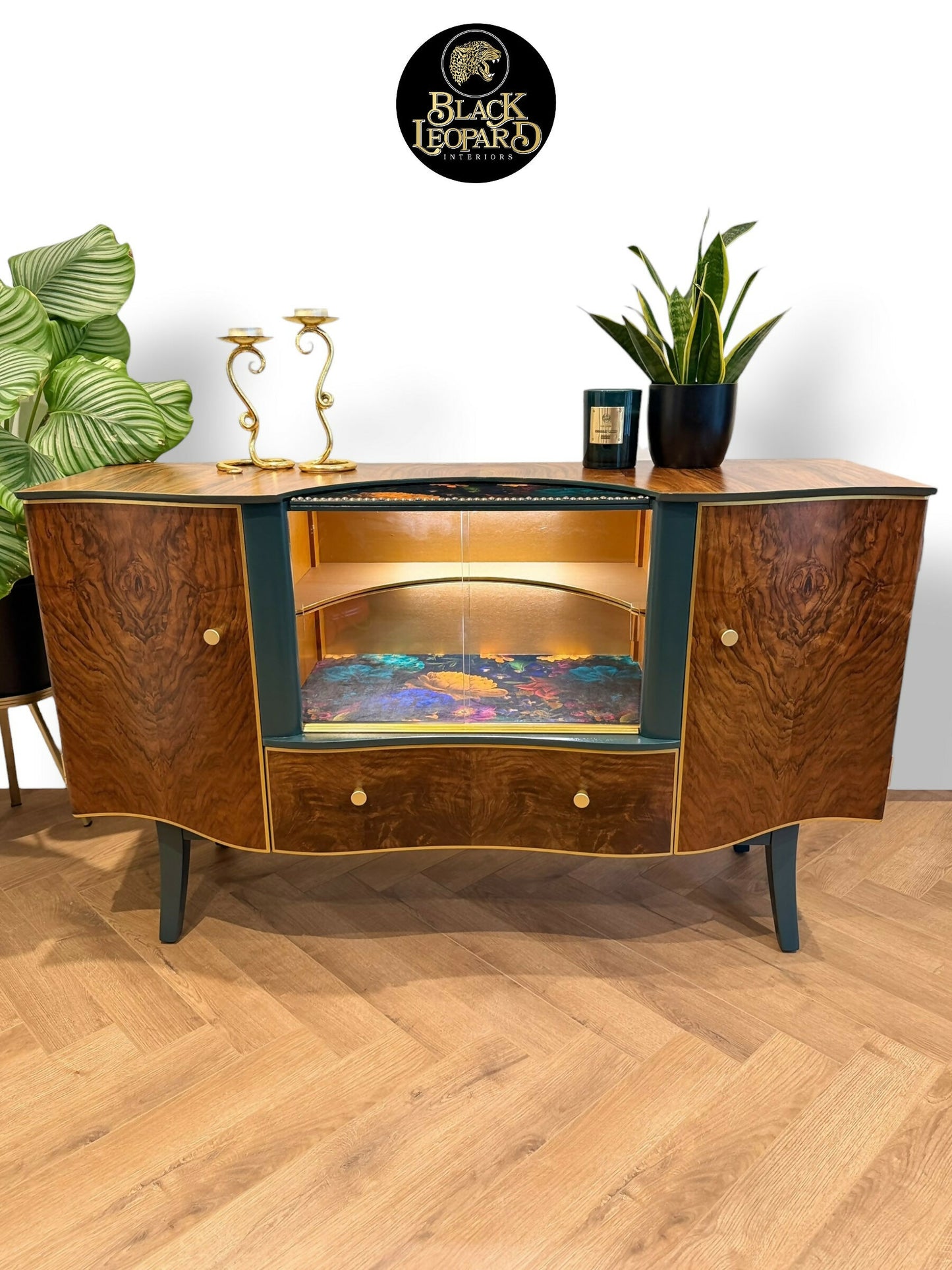 Luxury Unique Art Deco Sideboard with Drinks Cocktail Cabinet Section or TV Console | Refinished Hand Painted Vintage Green, Gold & Velvet | Black Leopard Interiors