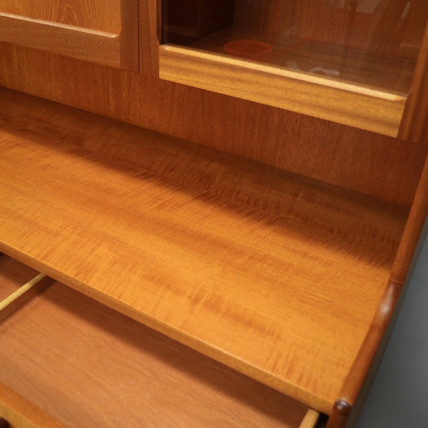 Nathan Wall Unit Display Cabinet in Teak, Glazed Doors 1980s Parker Knoll label