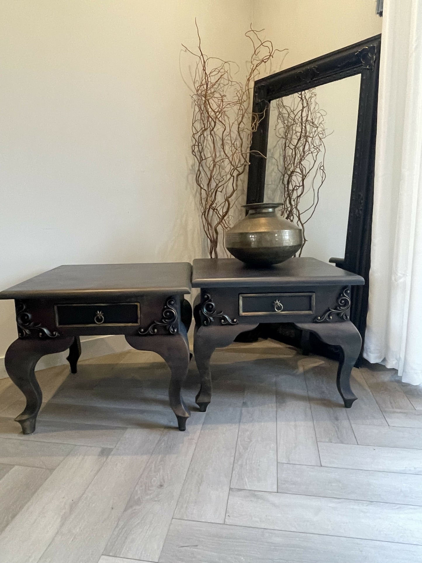 Vintage hand-painted side tables. Pair of french style bedside tables. Metallic finish