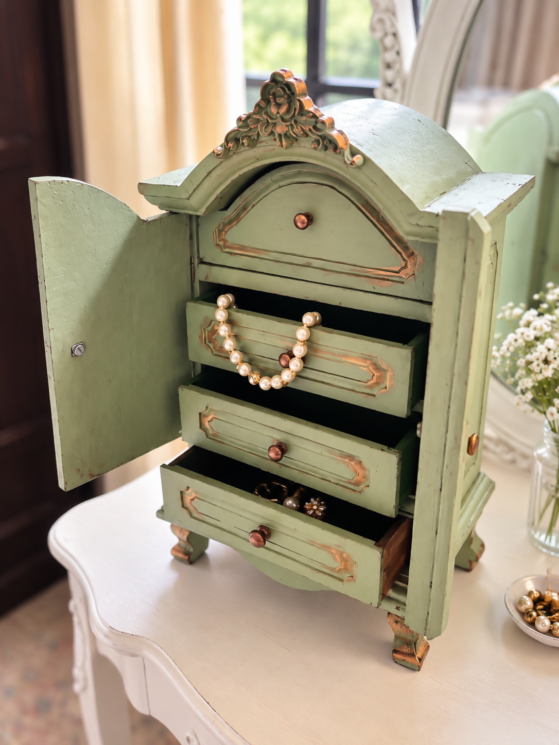 French-Style Miniature Armoire Jewellery Cabinet, Trinket Keepsake Box, Sage Green & Antique Gold