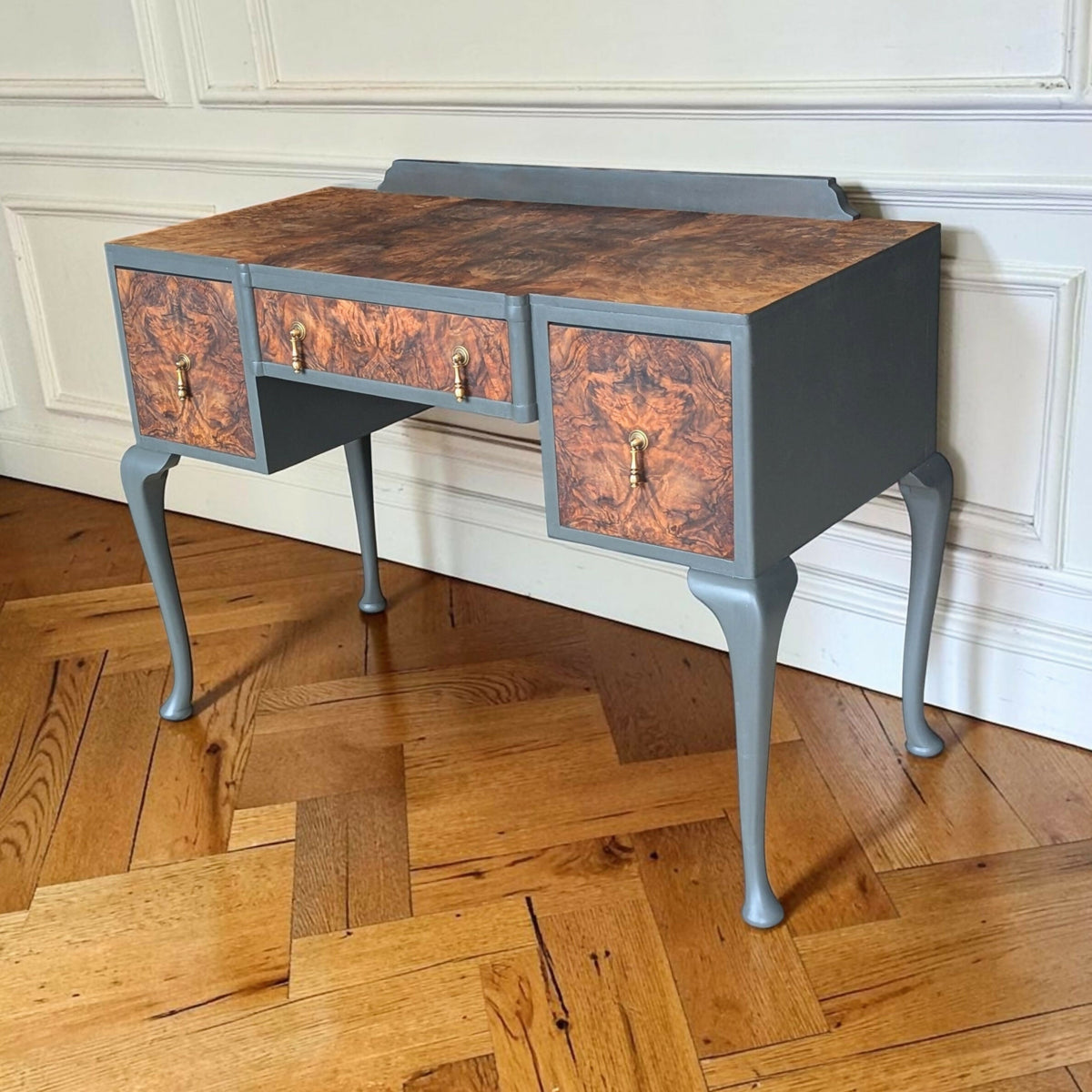 Vintage Art Deco dark green Walnut Burr Wood Desk Writing Table
