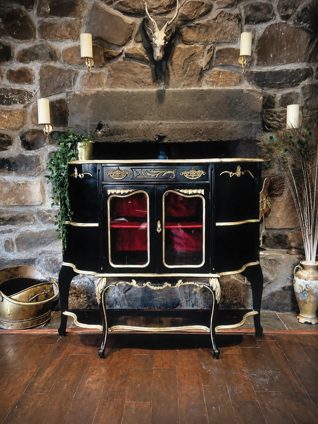 French Style Black & Gold Sideboard / Drinks Cabinet - Red Velvet Interior