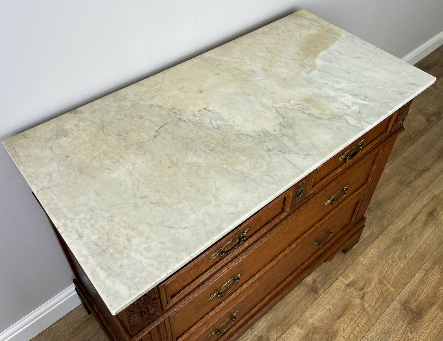 Chest of Drawers Antique French Oak Marble Top 4 Drawers Carved Cabinet LOT 6290