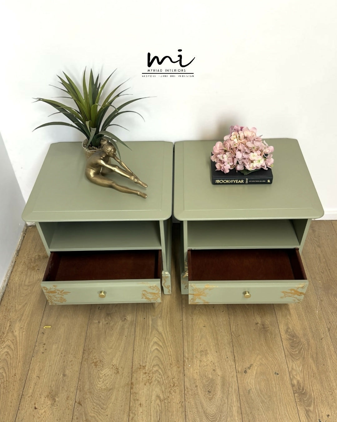 Stag Minstrel Bedside Tables In Pale Sage Green With Gold Foil Bird And Floral Design