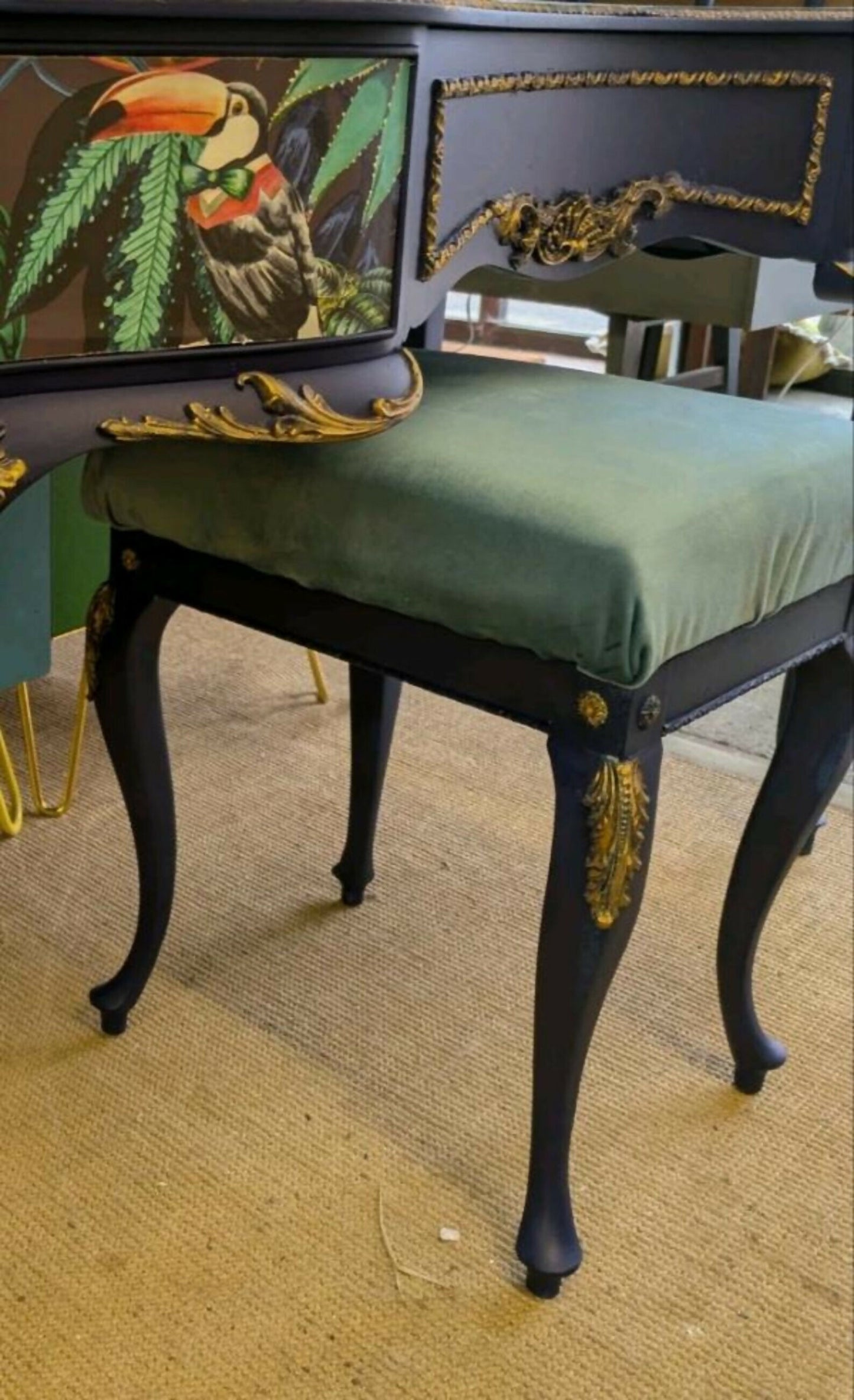 Vintage French Dressing Table, Desk Bedroom Office. Painted Furniture. Upcycled Navy Blue Gold Tropical Bird Commission Piece