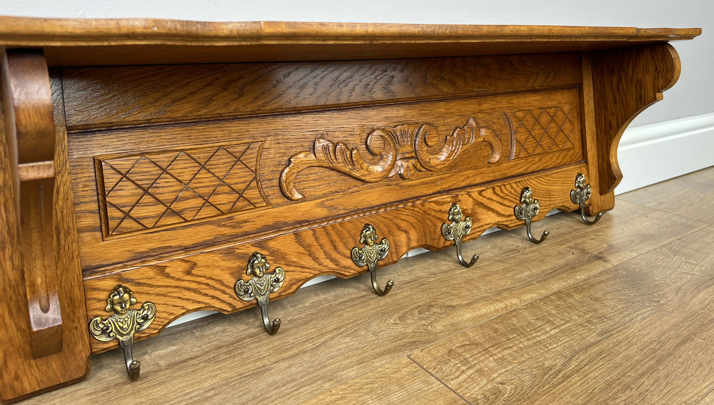 Coat Rack Vintage French Oak Wall Mounted 6 Hooks Carved Rack Hanger LOT 6209