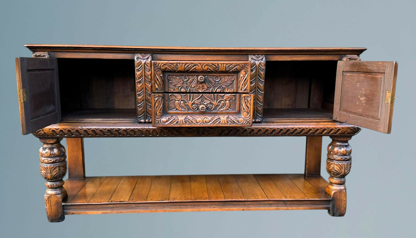 Antique Elizabethan Style Carved Oak Sideboard