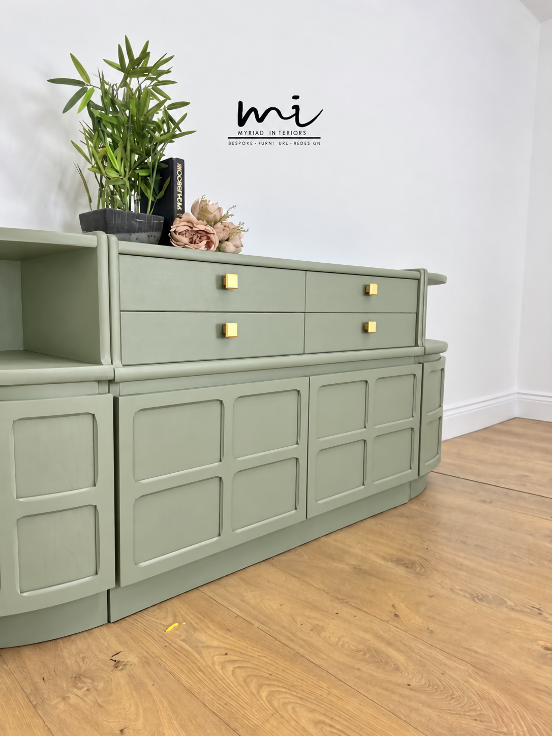 Refinished Nathan sideboard set in Pale Sage Green, modular, corner cabinet, tv stand, media unit, drinks, mid century modern, cupboard