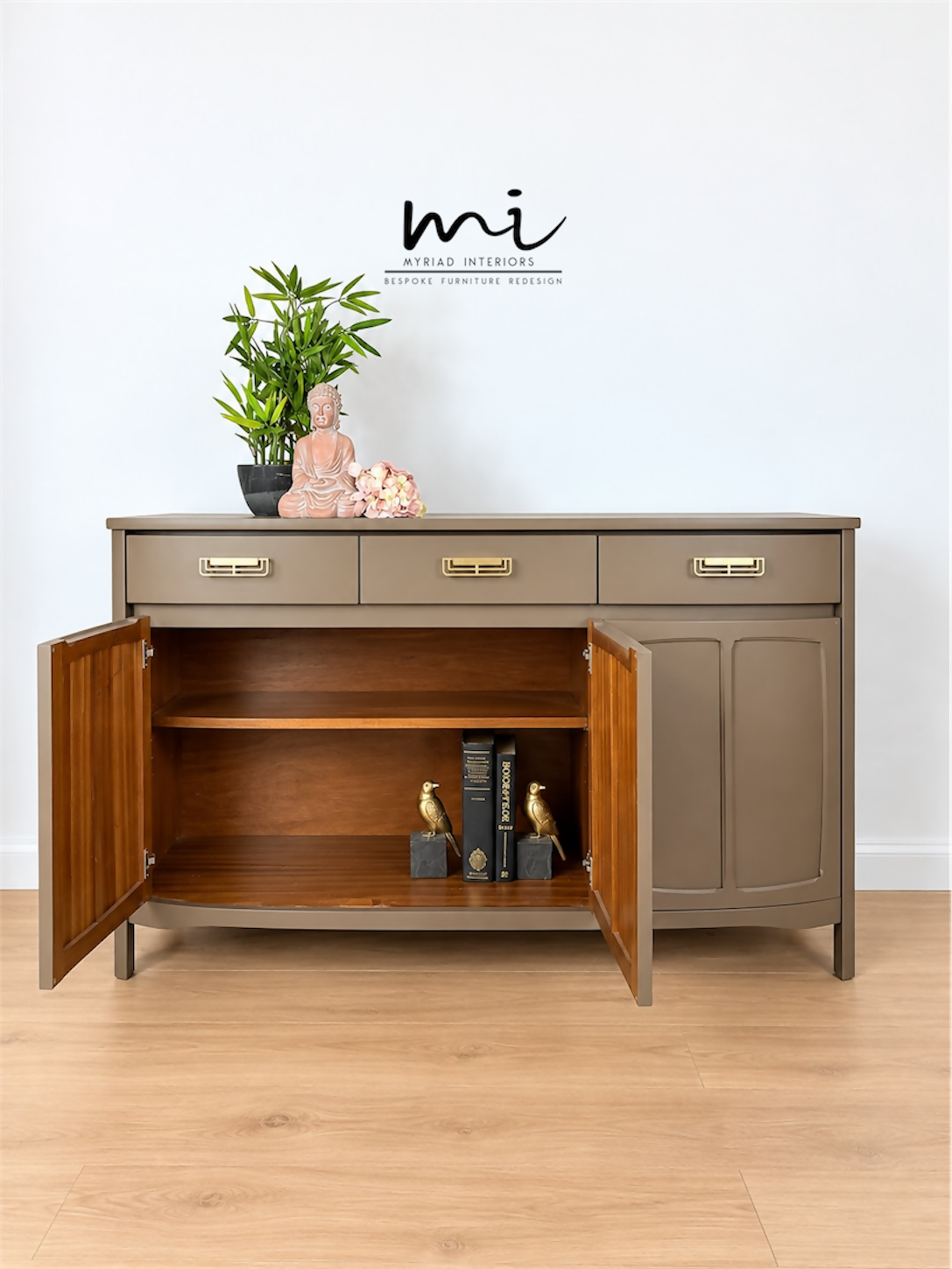 Refinished minimalist neutral taupe brown Nathan sideboard, mid century modern, tv stand, media unit, teak drinks cabinet, cocktail, console