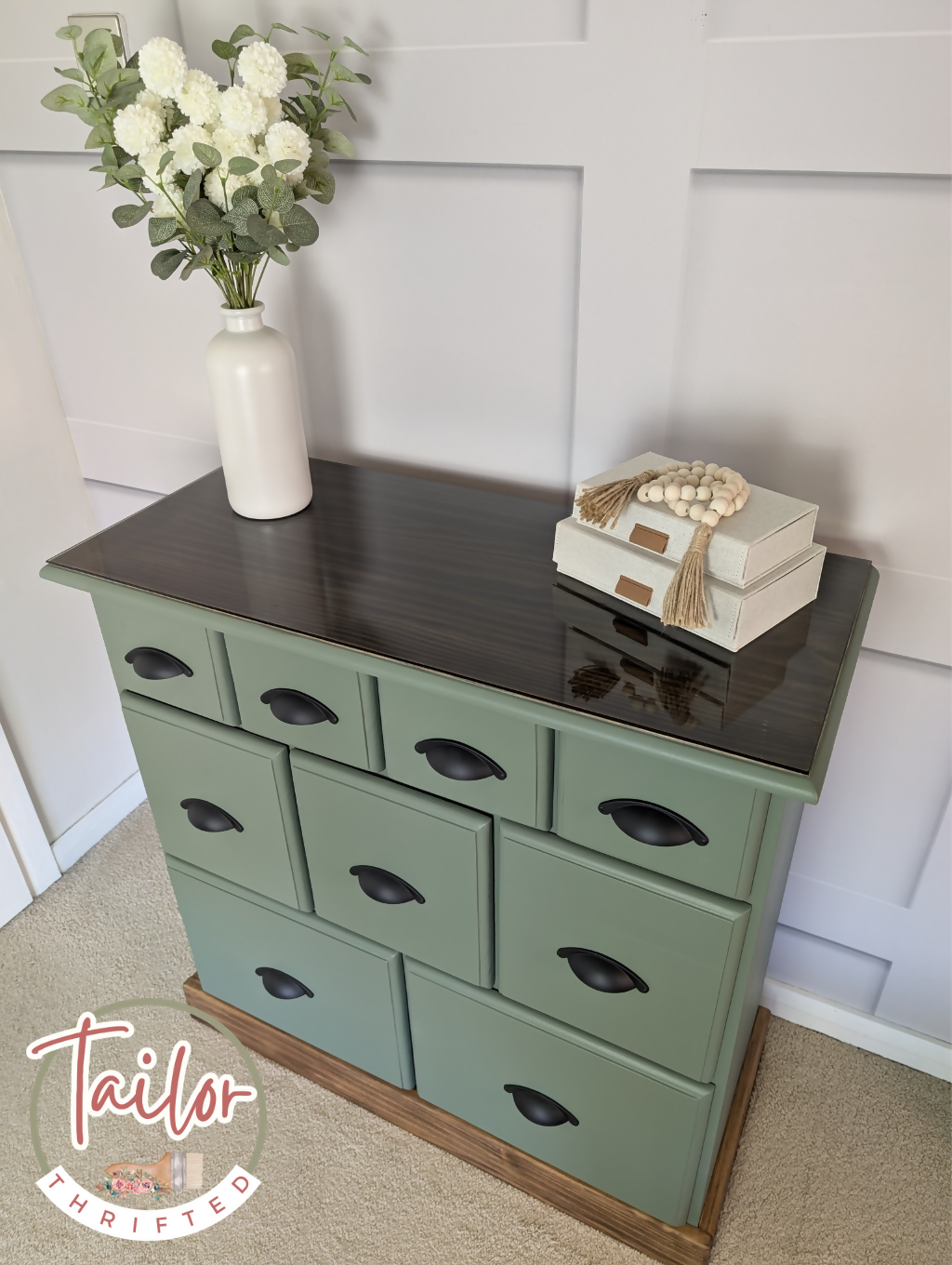 Professionally Upcycled 9-Drawer Captain's Chest – Sage Green & Dark Wood