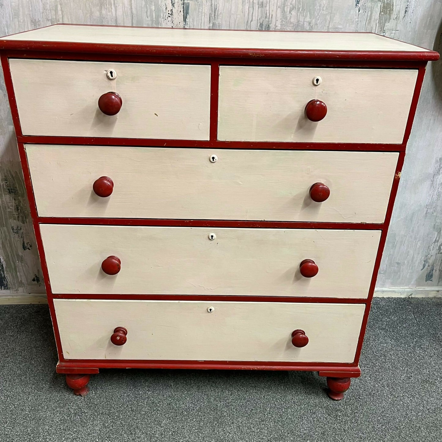 Large Victorian Chest 2 Over 3 Drawers Painted Salmon & Red Ornate Ball Feet