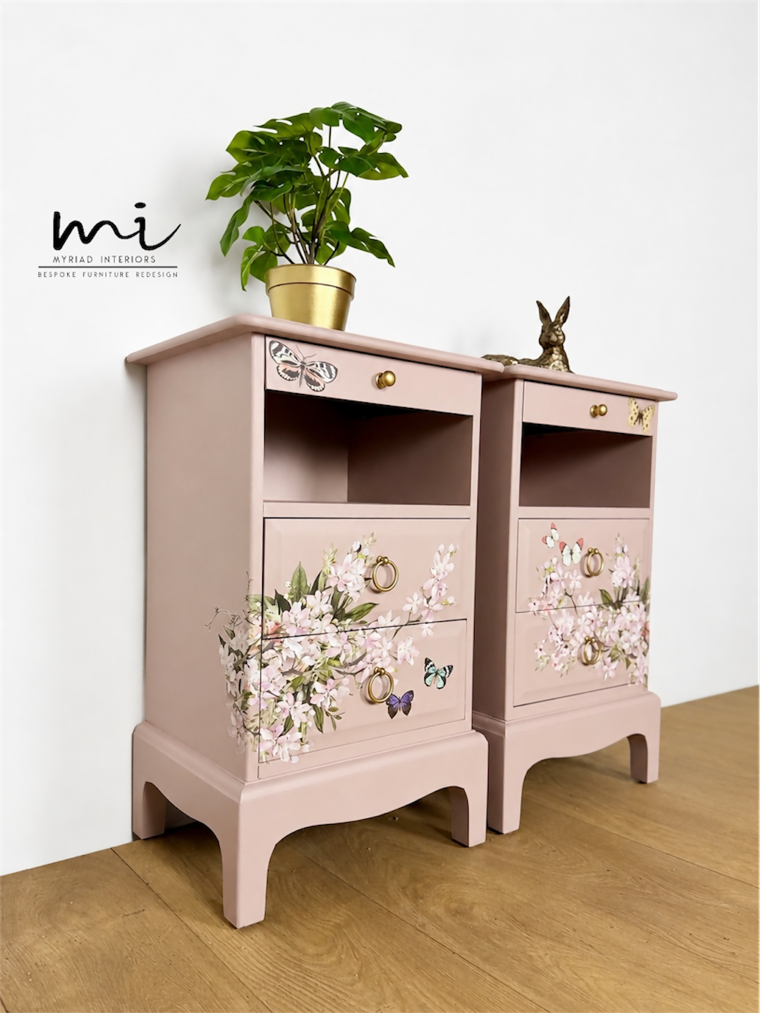 Dusky blush pink Stag Minstrel slim tea tray bedside tables with blossom and butterfly design. Nightstands pale pink